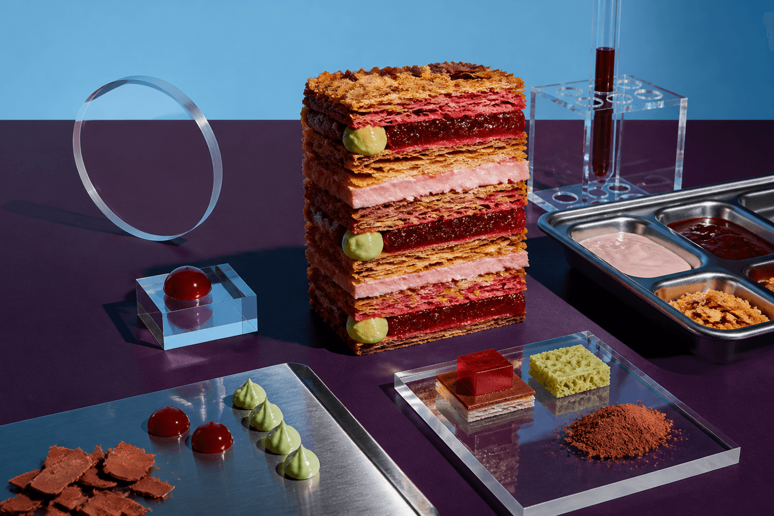 A sculptural patisserie prototype staged like a product laboratory